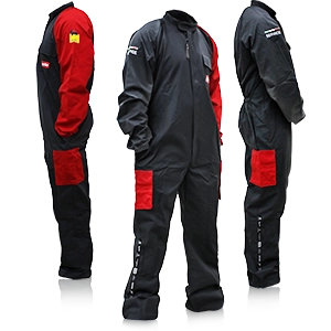 Black overalls with red sleeves and pockets, ideal for the workshop or racetrack.